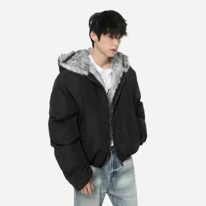 Retro Solid Color Thicken Hooded Fur Jacket
