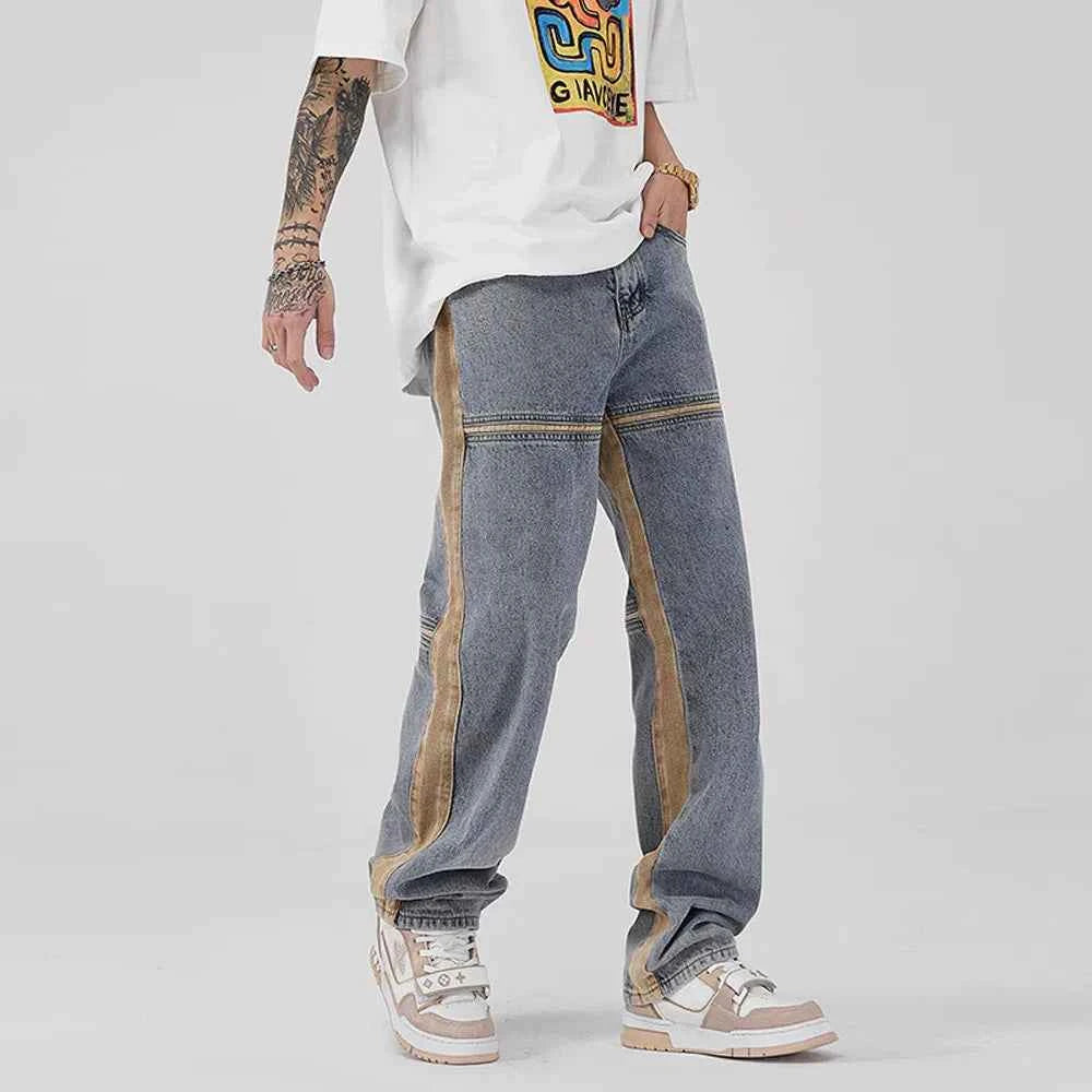 Trendy Yellow Stripe Vintage Patchwork Jeans