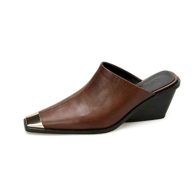 LUW "Metal-Head" Genuine Leather Mules - Luxury Med-Heel Summer Wedges