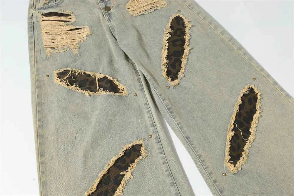 Streetwear Leopard Print Patch Rivets Ripped Jeans