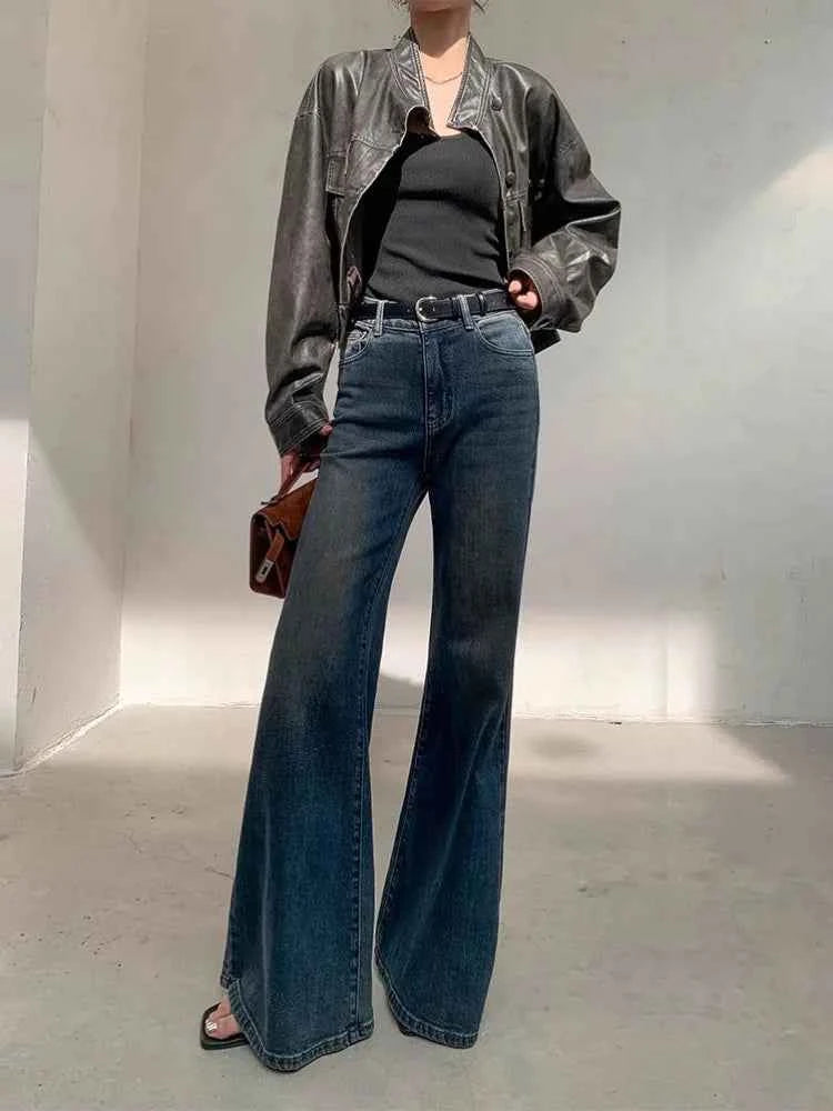 Women Retro Wide Leg Distressed Denim Jeans