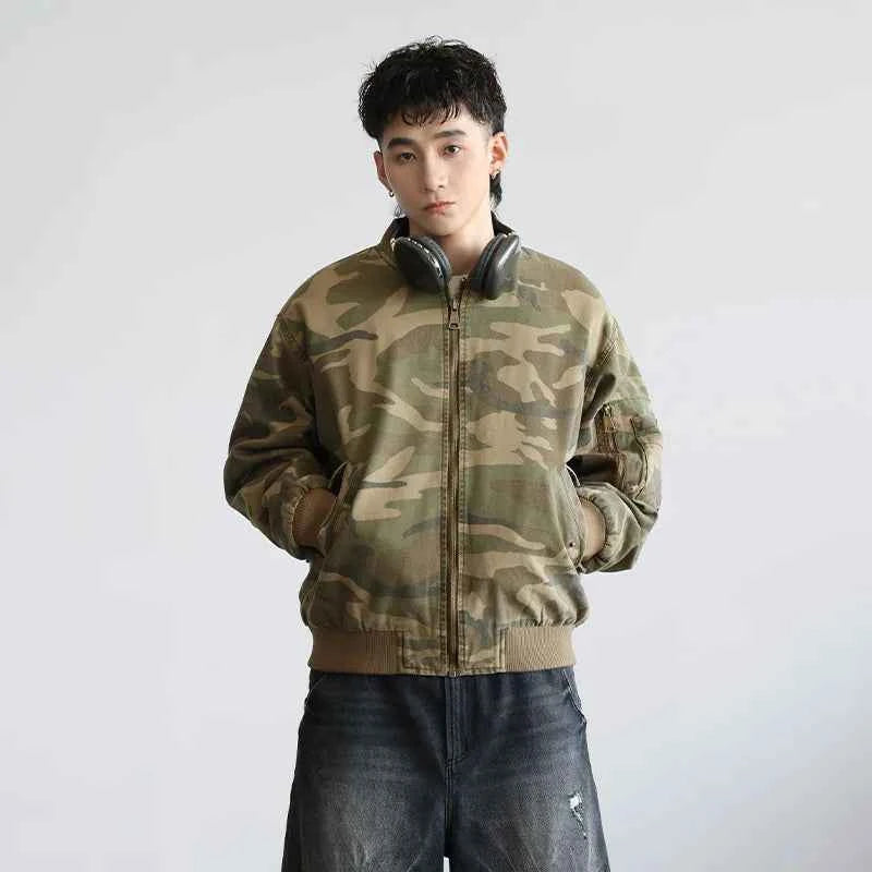 Vintage American Style Camo Baseball Bomber Jacket