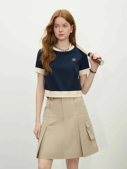 Women Retro Vintage Color Block Knit T-Shirt