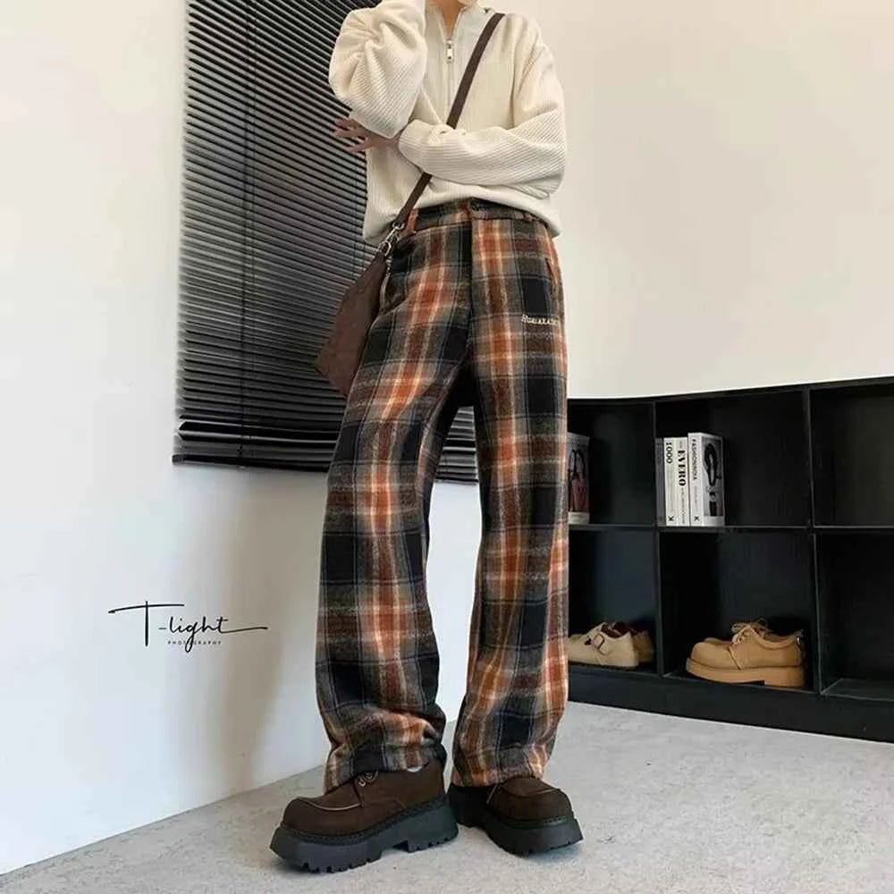 American Style Plaid Drape Straight Leg Pants