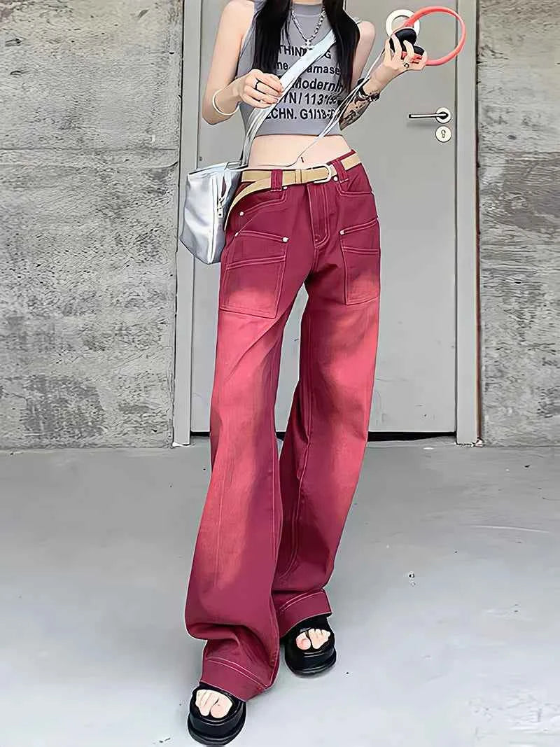 Wine Red Retro European Style Jeans