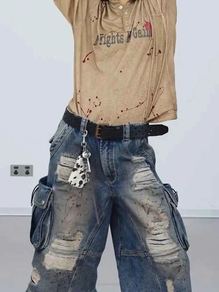 Retro Casual Emo Denim Cargo Jorts