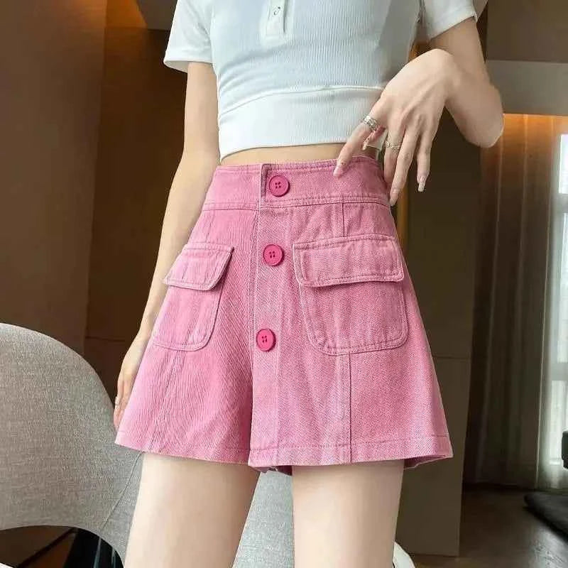 Pink High Waist Culotte Denim Cargo Skirt