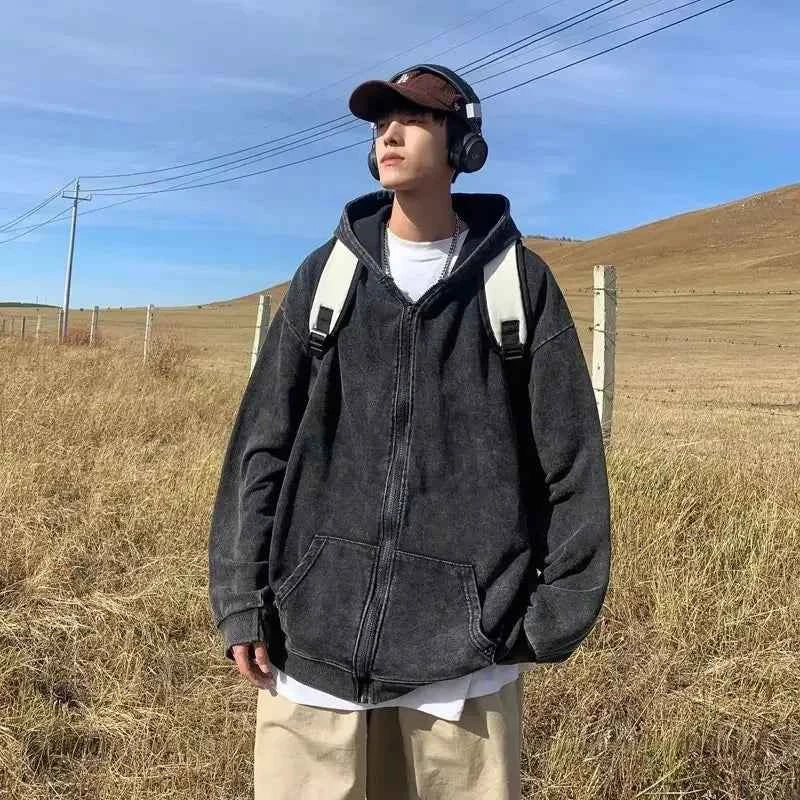 Solid Distressed Washed Zipper Hooded Sweatshirt