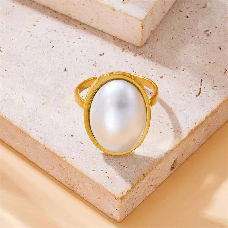 Adjustable Oval Pearl Stainless Steel Ring
