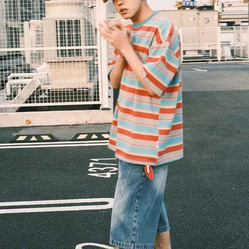 Men Casual Retro Vintage Striped Hip Hop T-Shirt
