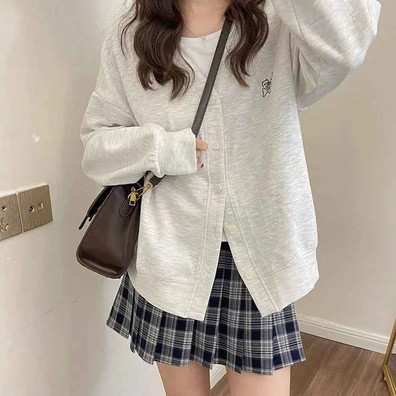 Women Casual Cute Chic Gray V-Neck Button Cardigan