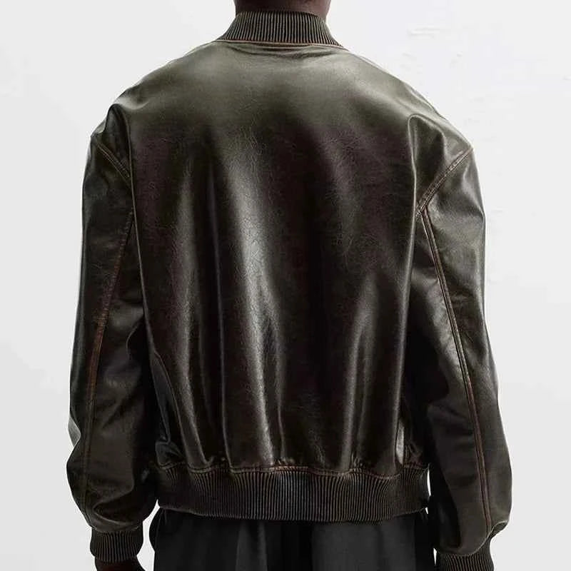 Winter Loose Fit Retro Brown Leather Race Jacket