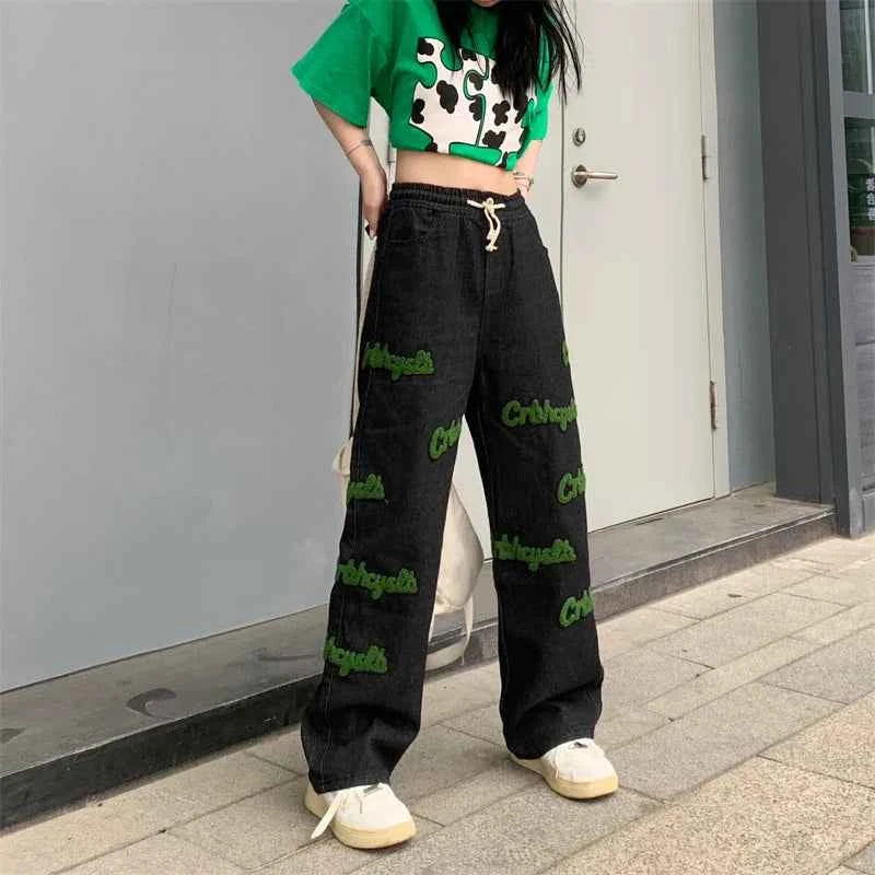 Elastic High Waist Flocked Embroidered Jeans