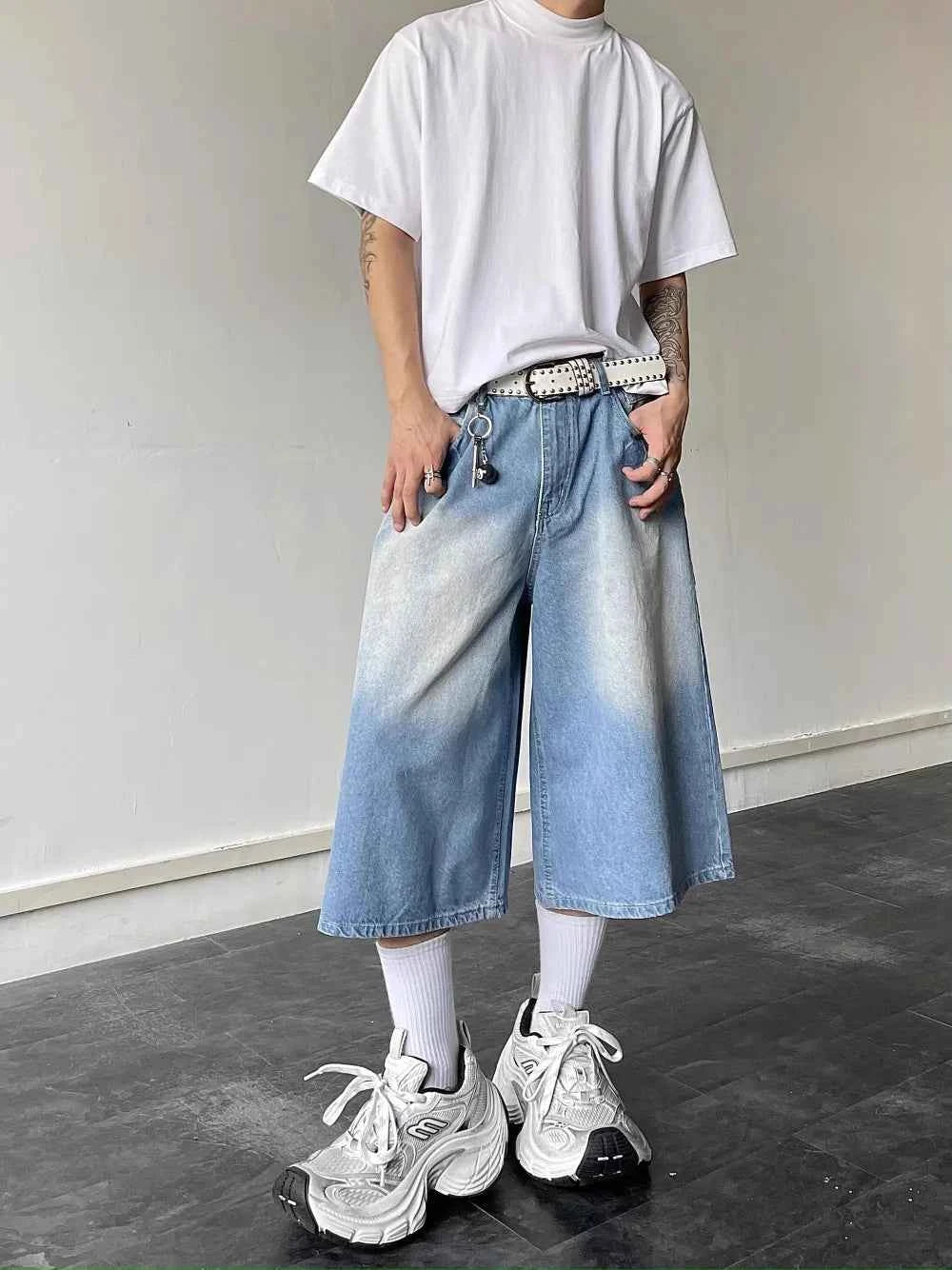 Fashionable Streetwear Loose Wide Leg Blue Wash Jorts
