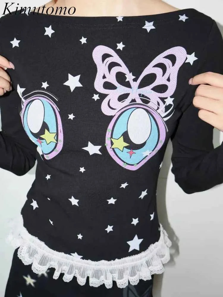 Sweet Cartoon Printed Slash Long Sleeve T-Shirt