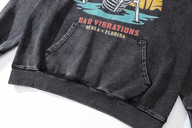 Breathable Oversized Gothic Skull Washed Print Hoodie