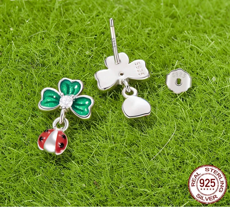 Women Lucky Sterling Silver Ladybug Stud Earrings