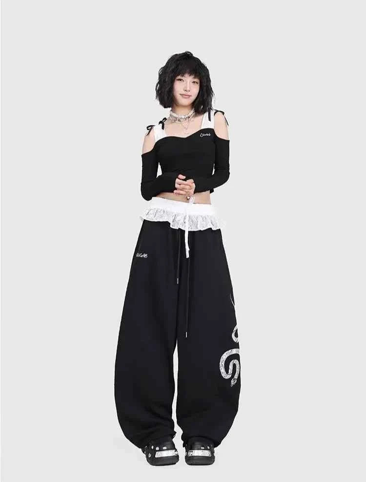 Snake Patch Embroidery Lace Hip Pants