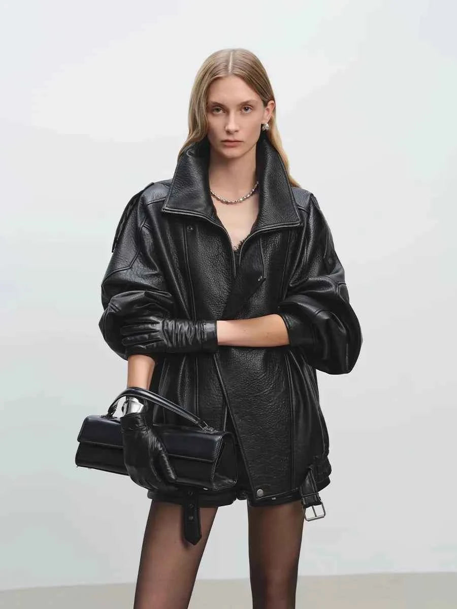 Luxury Oversized Black Leather Jacket