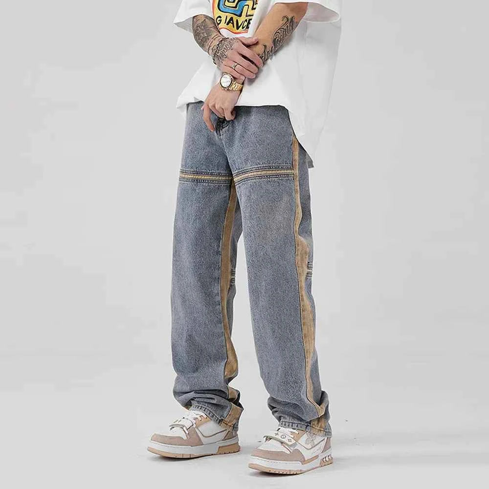Trendy Yellow Stripe Vintage Patchwork Jeans