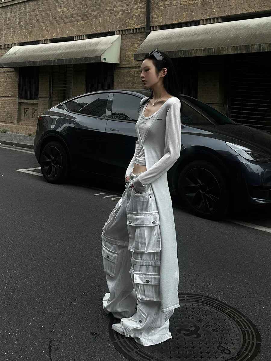 Women Edgy White Cargo Denim Jeans