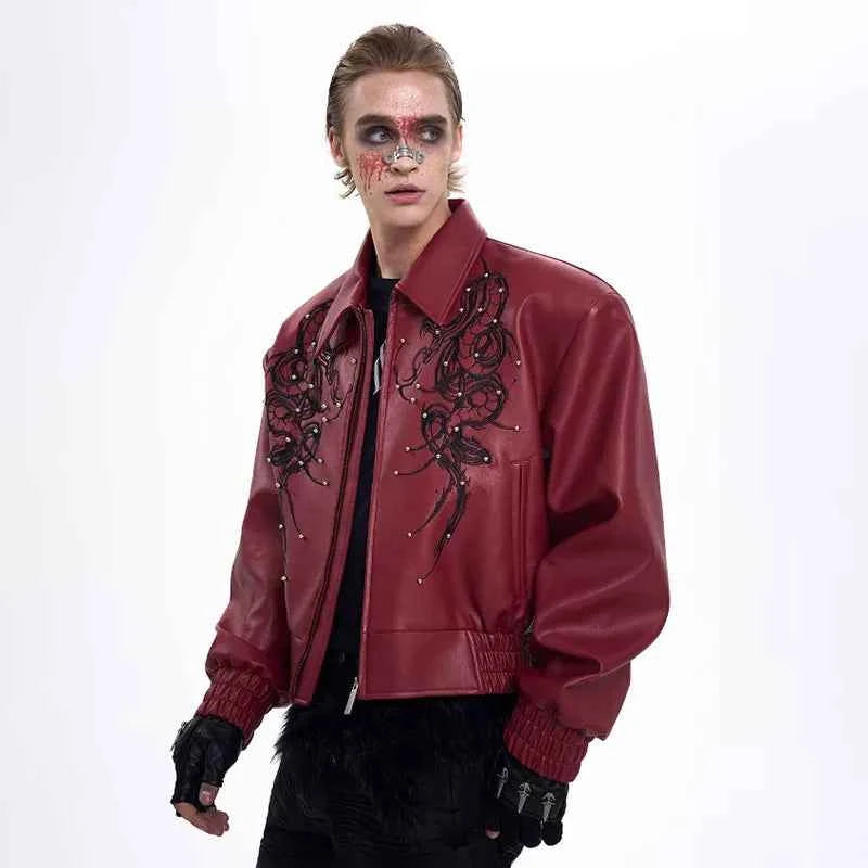 Men Premium Embroidered Patchwork Leather Jacket