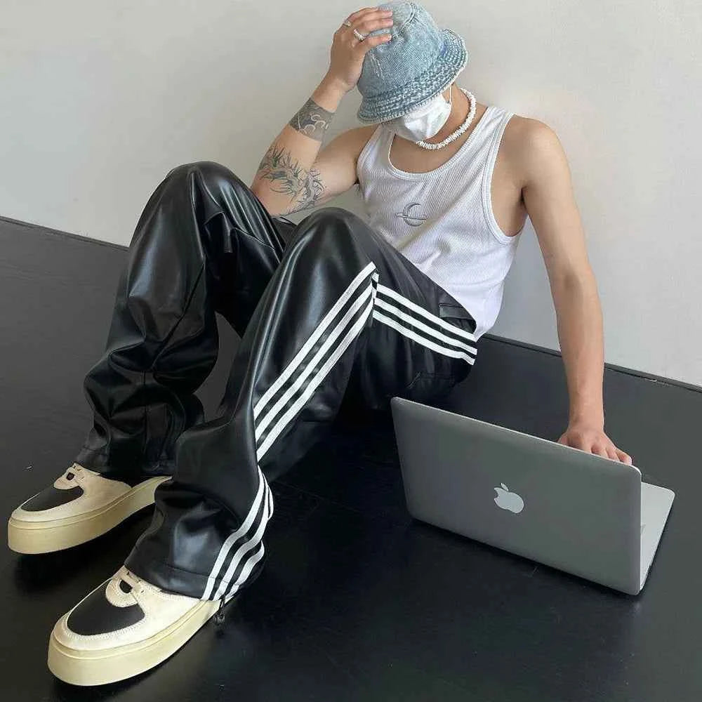 Cloud-Soft Feel Striped Velvet  PU Leather Pants
