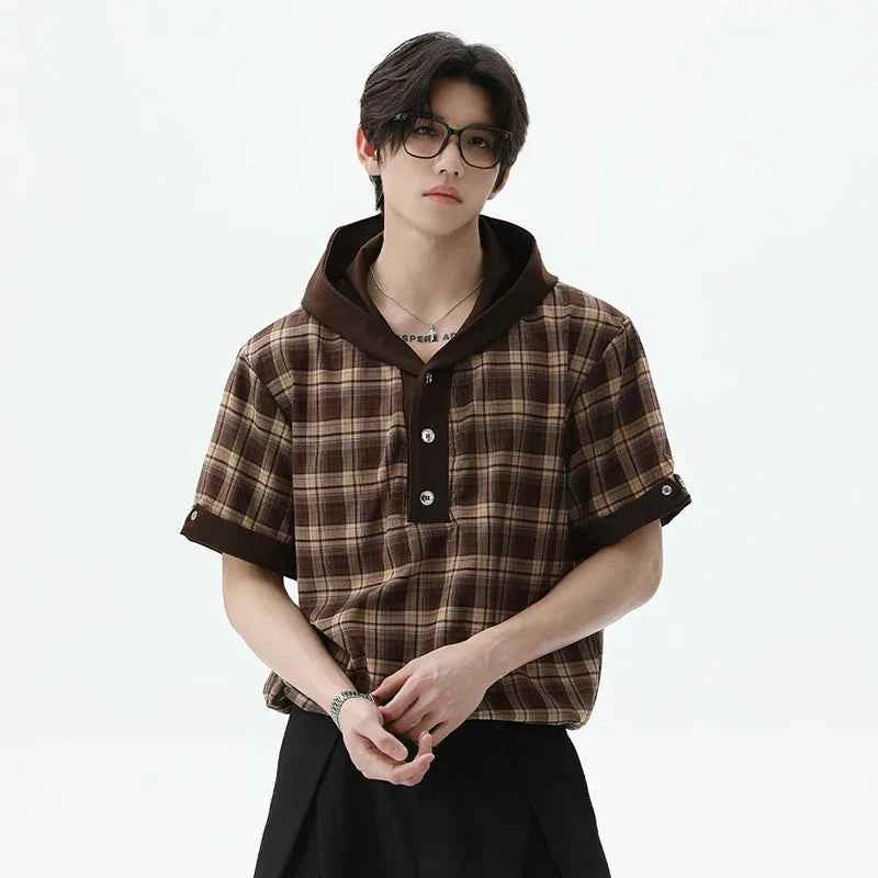 Effortless Plaid Button-Up Hooded T-Shirt