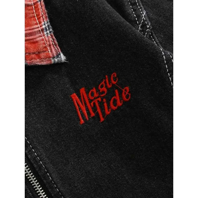 Retro American Style Plaid Varsity Denim Jacket
