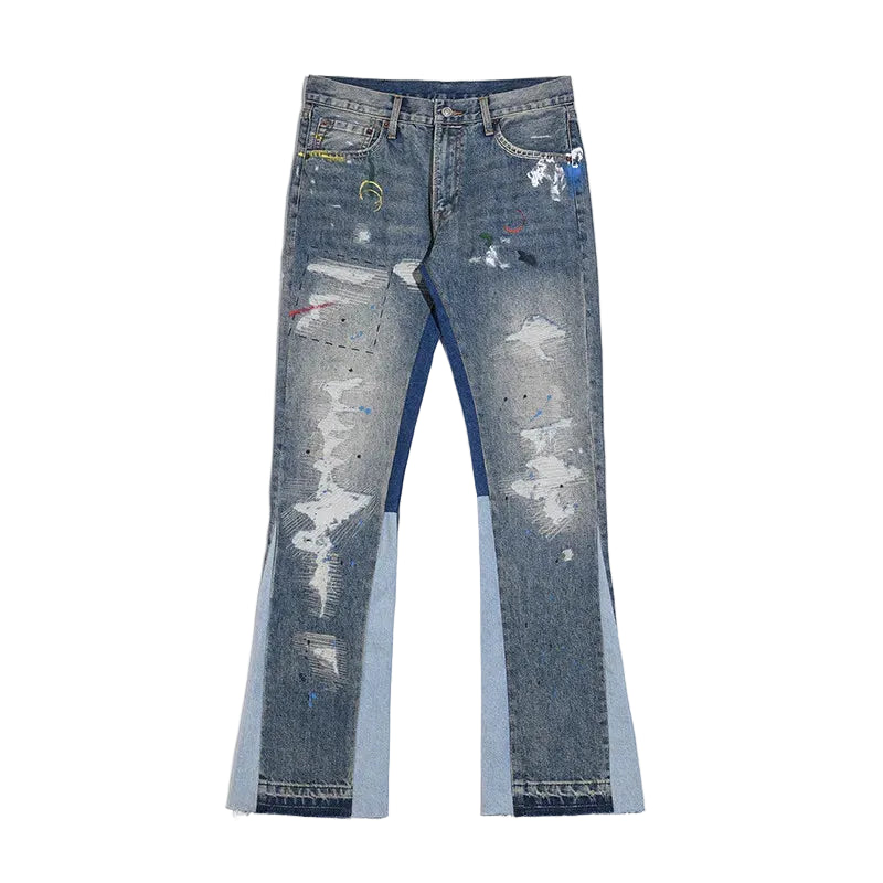 Streetwear Blue Speckle Ink Washed Flared Jeans
