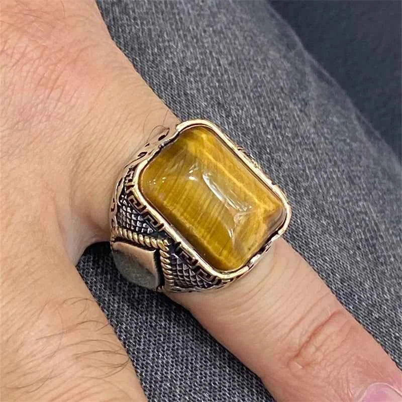 Men Yellow Black Stone Carved Silver Ring
