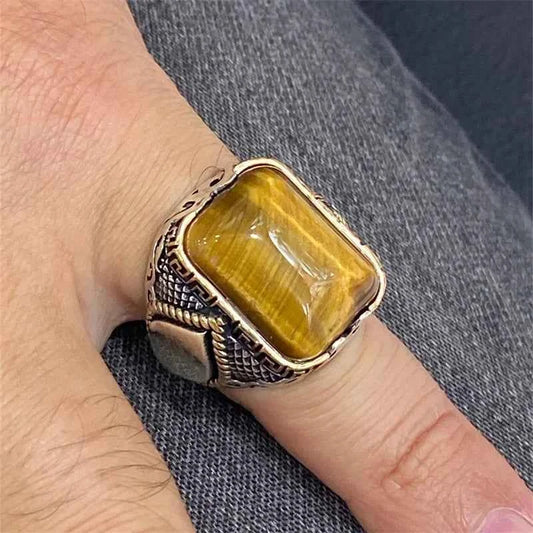 Men Yellow Black Stone Carved Silver Ring