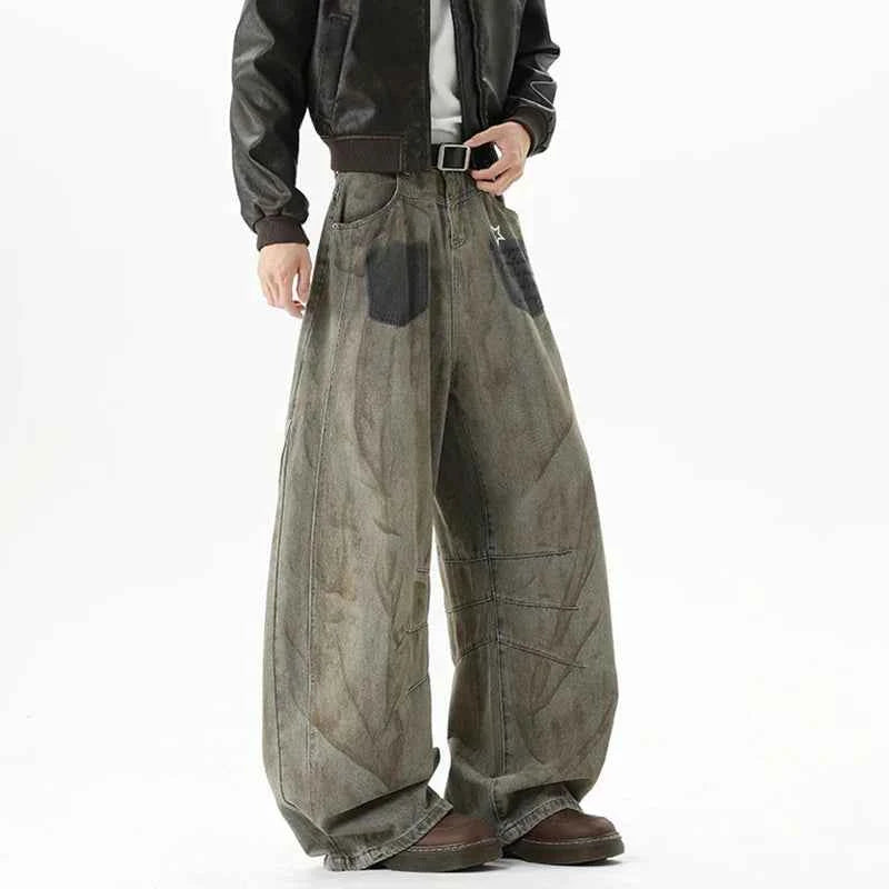 American Style Star Printing Dirty Dying Denim Jeans