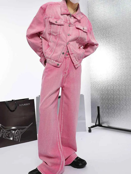 Pink Chic Oversized Denim Jacket And Baggy Jeans