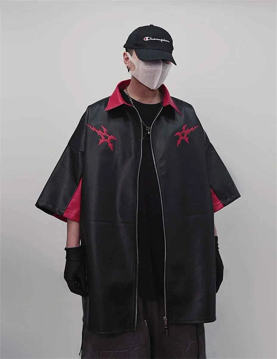Men's Punk Short Sleeve Zipper Print Leather Jacket