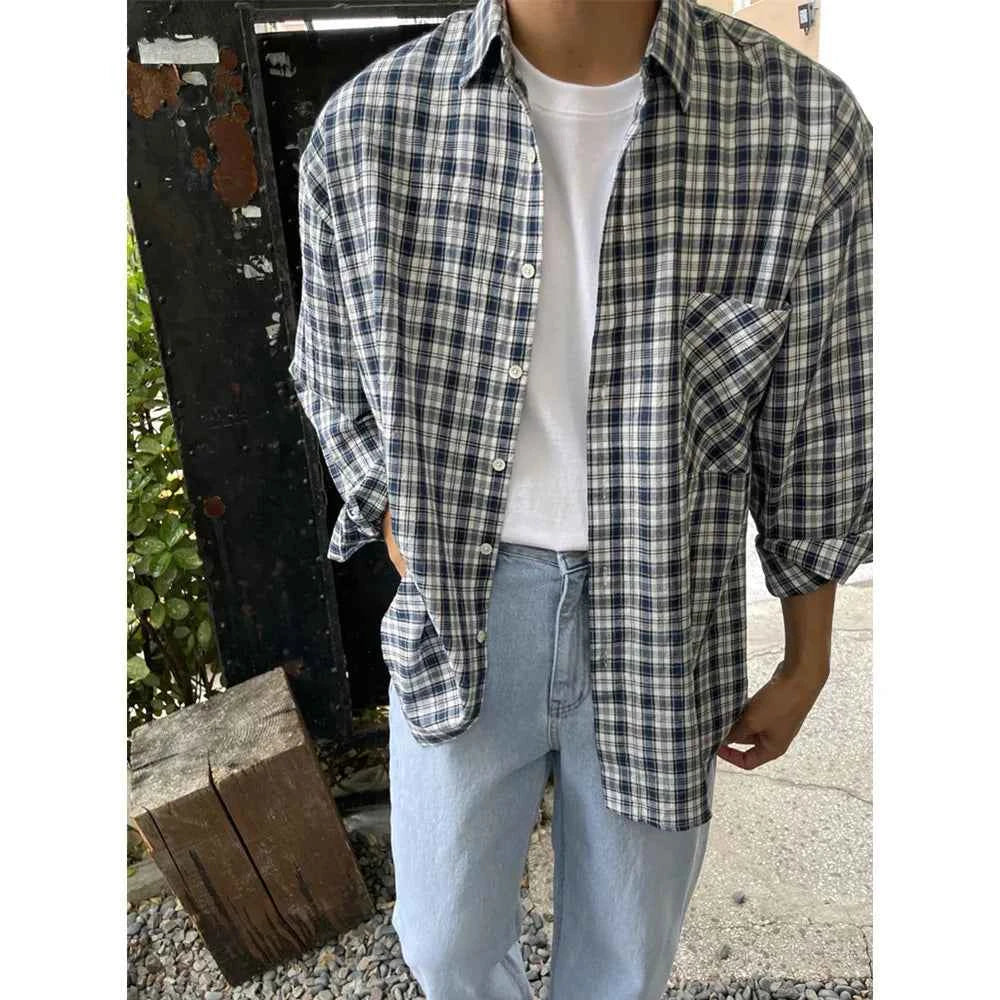 Men's Casual Loose Korean Style Plaid Long Shirt