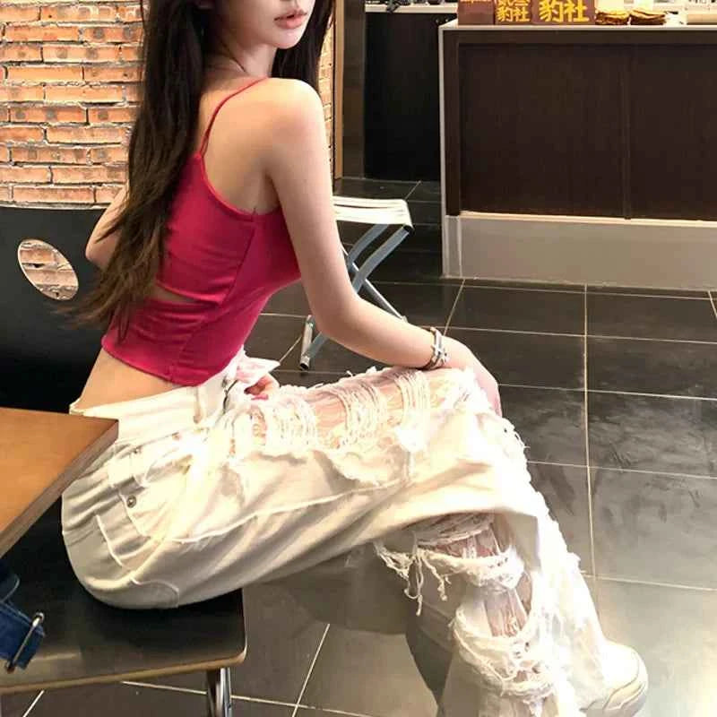 White Ripped Lace Splicing High Waist Jeans