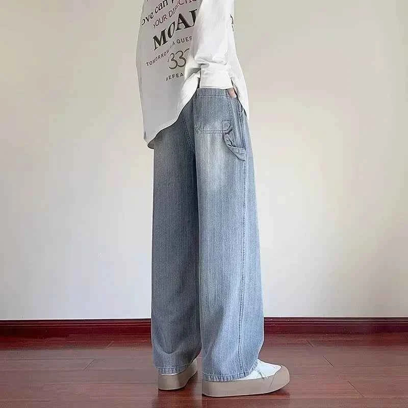 Vintage Distressed Blue Drawstring Straight Jeans