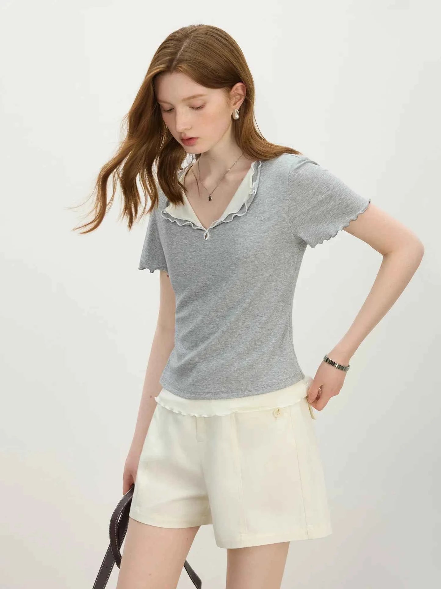 Layered Knit Lapel Short Sleeve T-Shirt