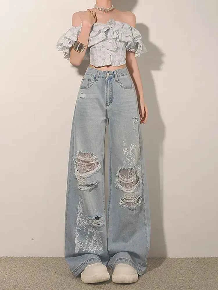 Women High Waist Ripped Lace Patchwork Jeans