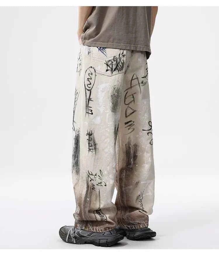 Streetwear American Graffiti Ripped Loose Wide Leg Jeans
