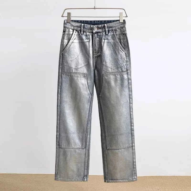 Streetwear Cool Silver Coated Casual Hip Hop Jeans