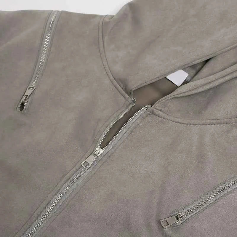 Breathable Suede Multi Zipper Hooded Sweatshirt