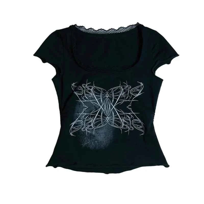 Vintage Lace Patchwork Black Print T-Shirt