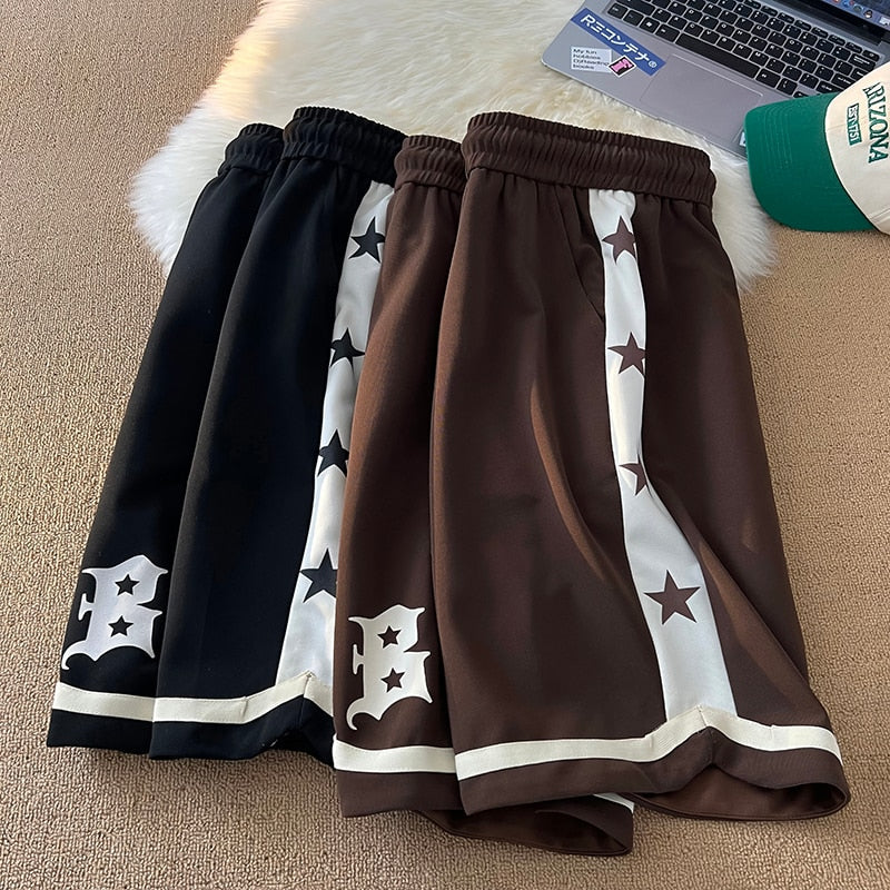 B Letter Drawstring Stars Patchwork Shorts