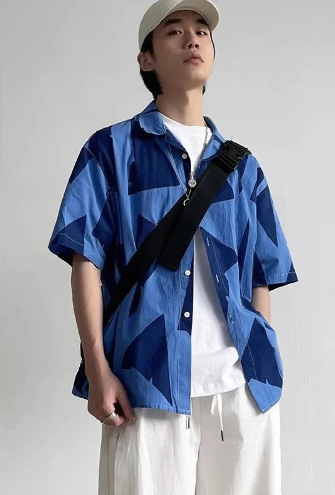Y2K Street Style Navy Geometric Print Short Sleeve Shirt - Luxuryurbanwear