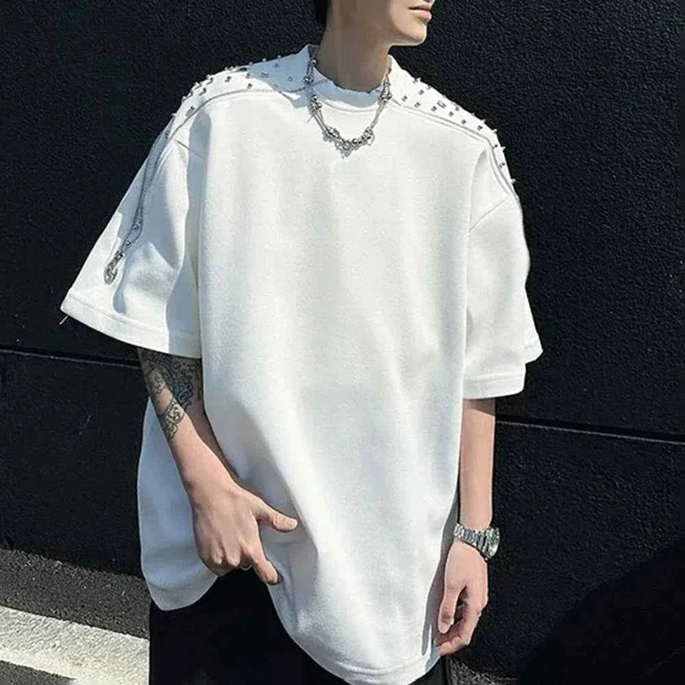 Rhinestone Beaded Zipper Shoulder Pad T-Shirt