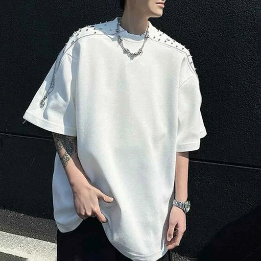 Rhinestone Beaded Zipper Shoulder Pad T-Shirt
