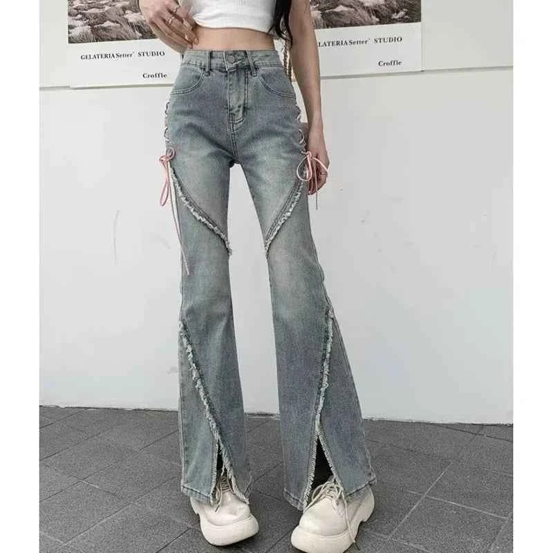 Retro Korean Tassel Split Flared Jeans