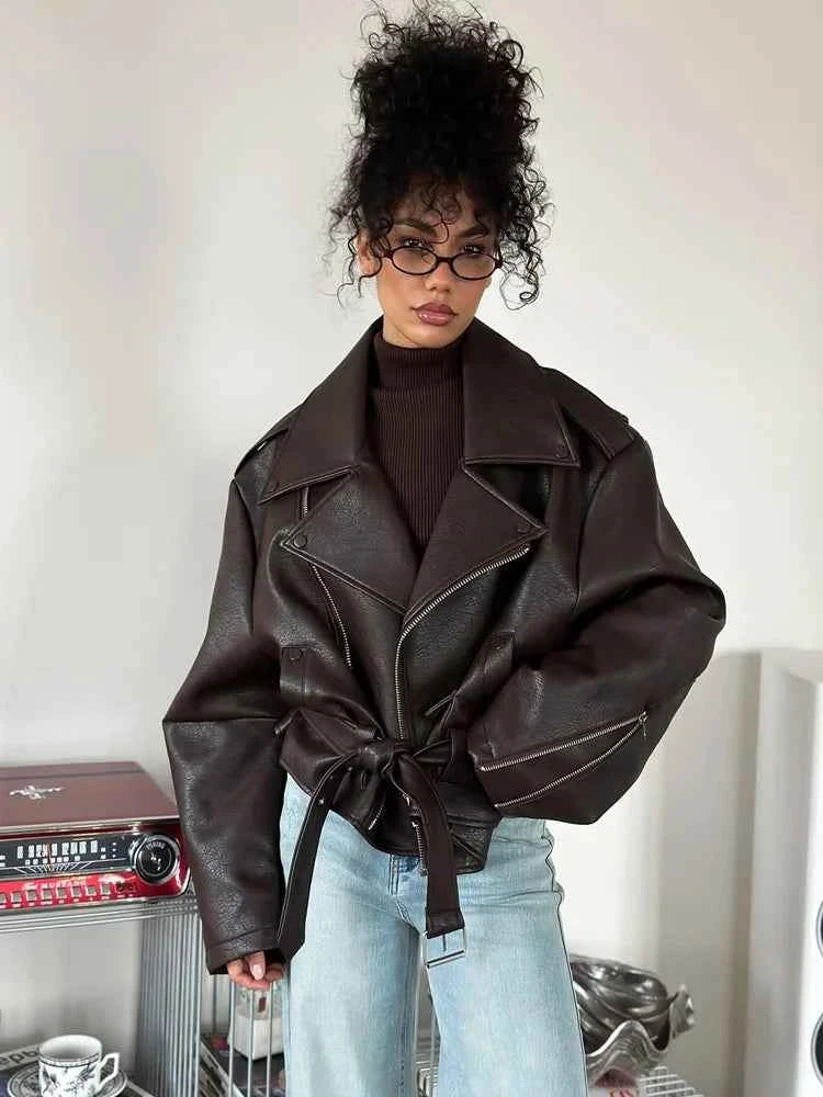 Solid Color Lapel Lace-Up Leather Jacket